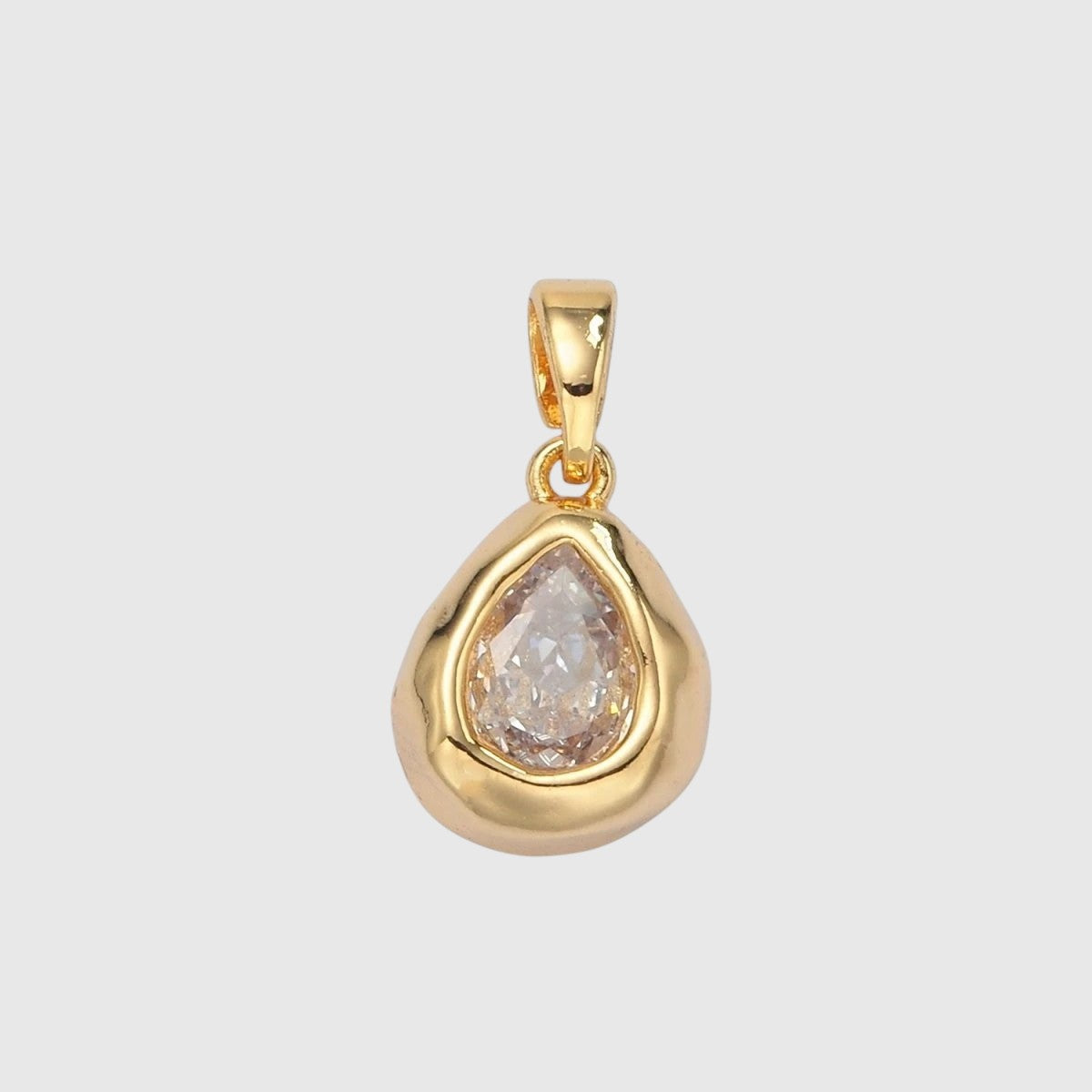 Tiny 24K Gold Filled 13mm x 10mm Clear CZ Teardrop Hammered Bezel Pendant