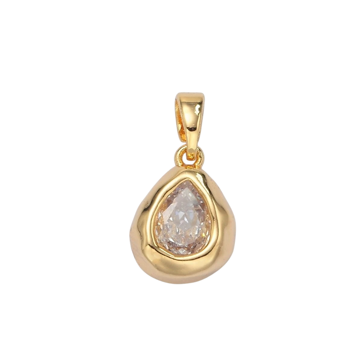 24K Gold Filled Clear CZ Teardrop Hammered Bezel Charm