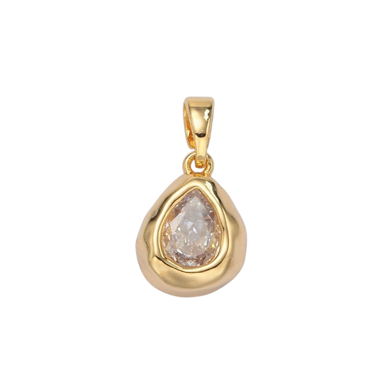 24K Gold Filled Clear CZ Teardrop Hammered Bezel Charm