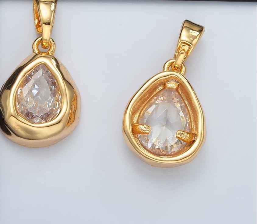24K Gold Filled Clear CZ Teardrop Hammered Bezel Charm