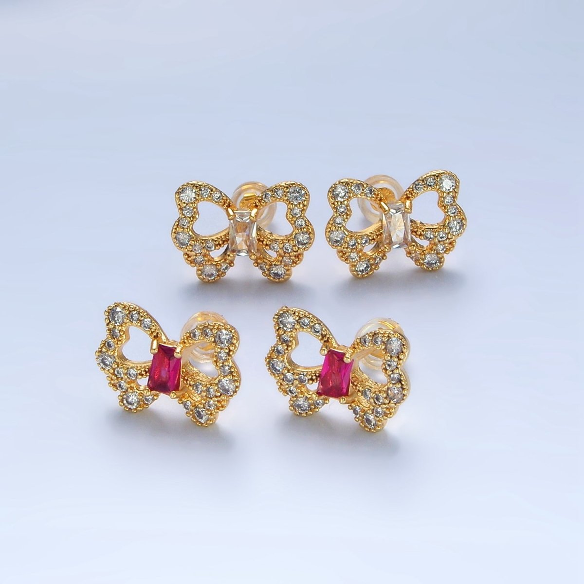24K Gold Filled Clear, Fuchsia Baguette Micro Pave CZ Butterfly Stud Earrings