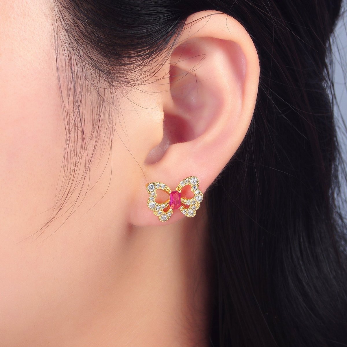 24K Gold Filled Clear, Fuchsia Baguette Micro Pave CZ Butterfly Stud Earrings