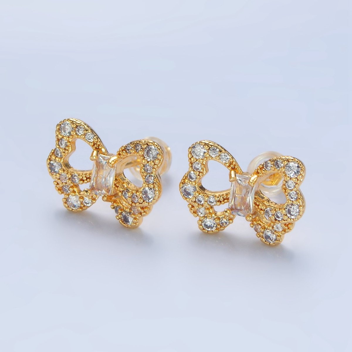 24K Gold Filled Clear, Fuchsia Baguette Micro Pave CZ Butterfly Stud Earrings
