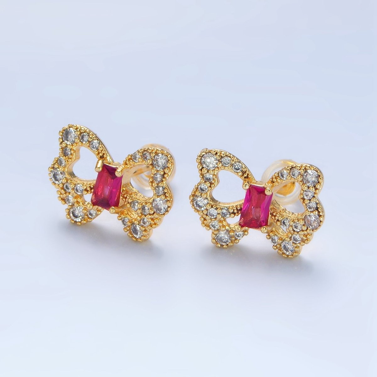 24K Gold Filled Clear, Fuchsia Baguette Micro Pave CZ Butterfly Stud Earrings