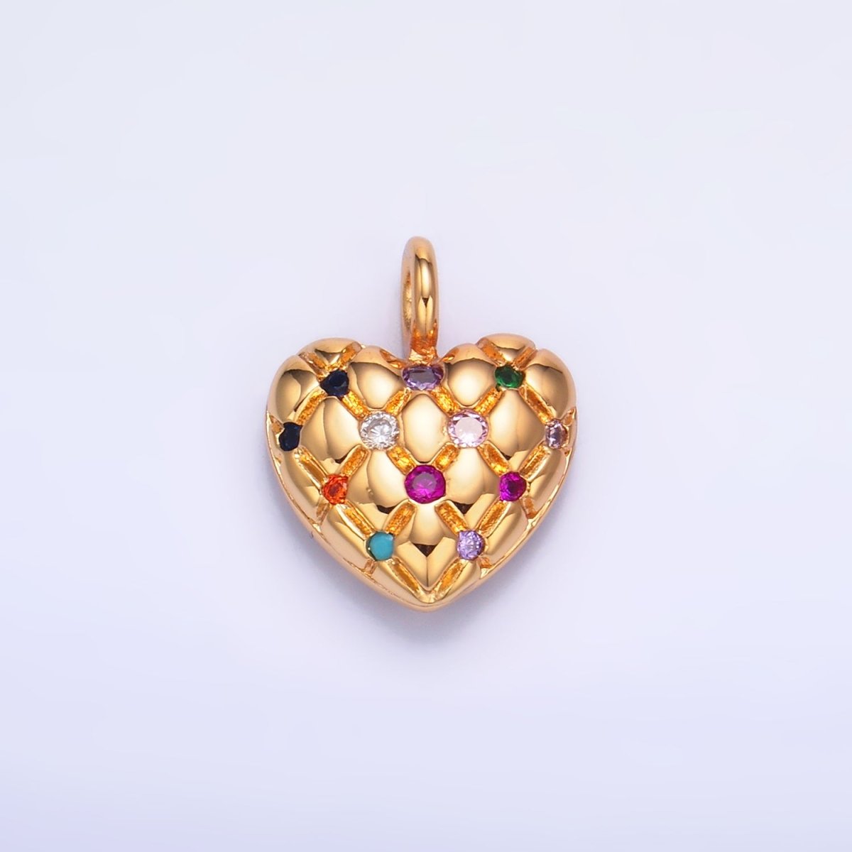24K Gold Filled 18mm Clear or Multicolored CZ Quilted Heart Pendant
