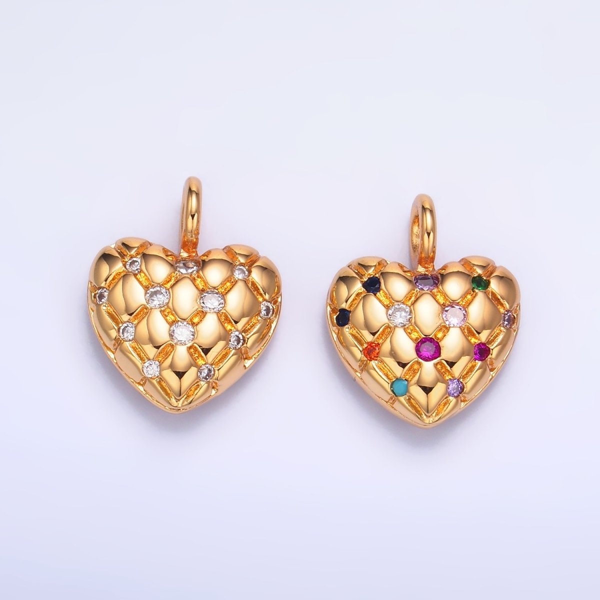 24K Gold Filled 18mm Clear or Multicolored CZ Quilted Heart Pendant