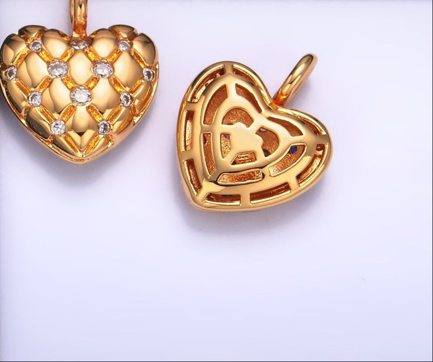 24K Gold Filled 18mm Clear or Multicolored CZ Quilted Heart Pendant