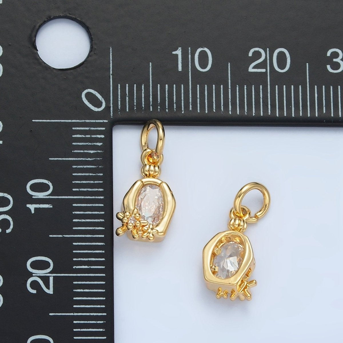 24K Gold Filled Clear Oval CZ Hexagonal Bezel Flower Charm