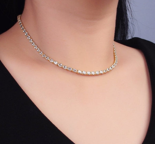 Gorgeous 24K Gold Filled Clear Oval CZ Tennis Chain 16 Inch Necklace in Gold & Silver