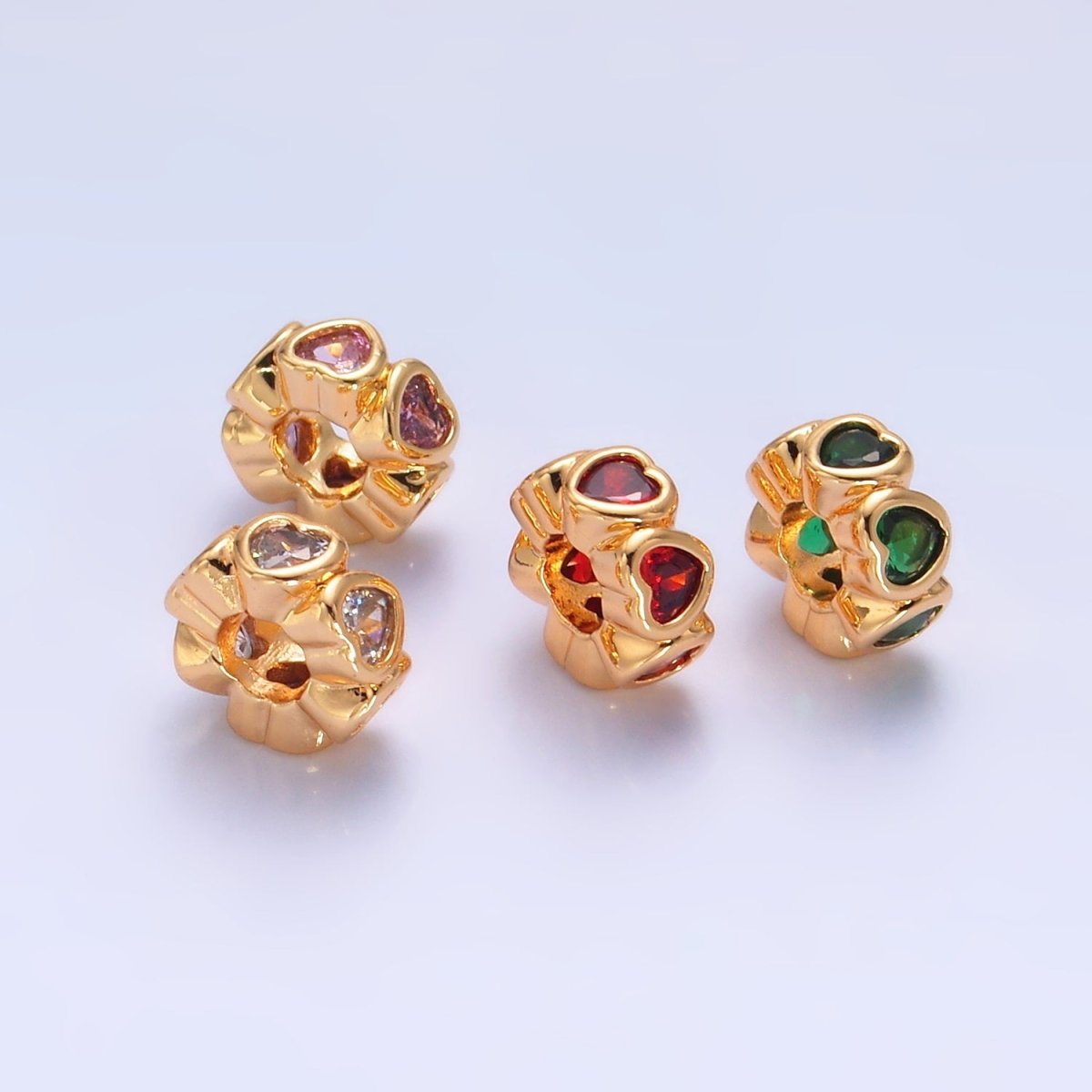 Love Hearts 24K Gold-Filled 8.4mm Clear, Red, Green, Pink CZ Heart Rondelle Spacer Bead