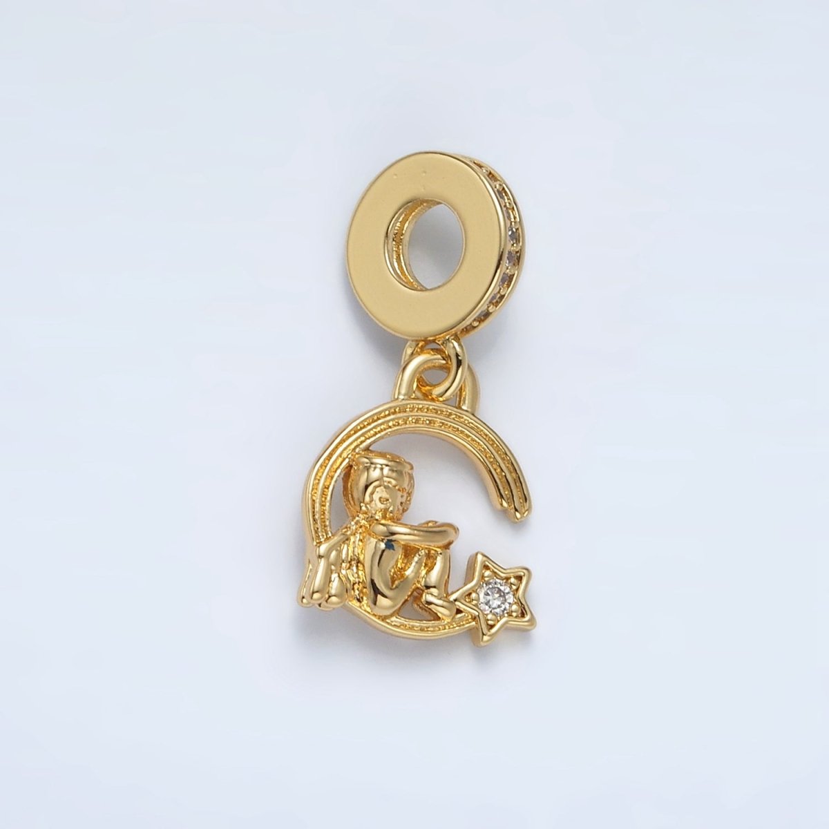 24K Gold Filled 13mm Crescent Moon Star Boy Micro Paved Rondelle Bail Drop Pendant