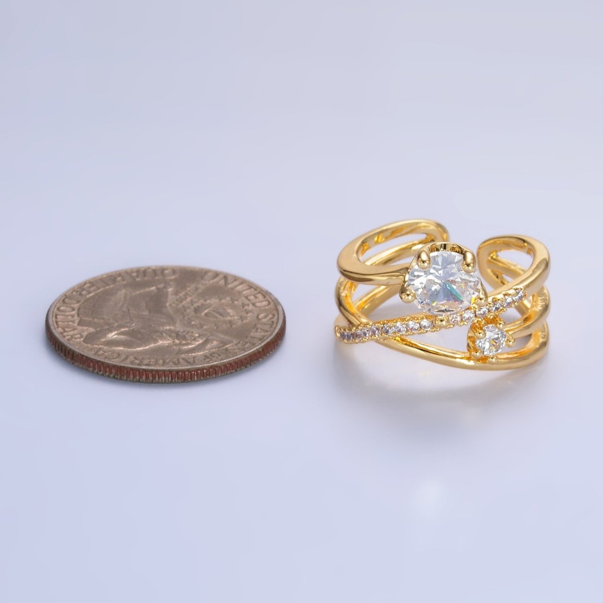 Beautiful 24K Gold Filled CZ Clear Micro Pave Multi-Band Adjustable Ring