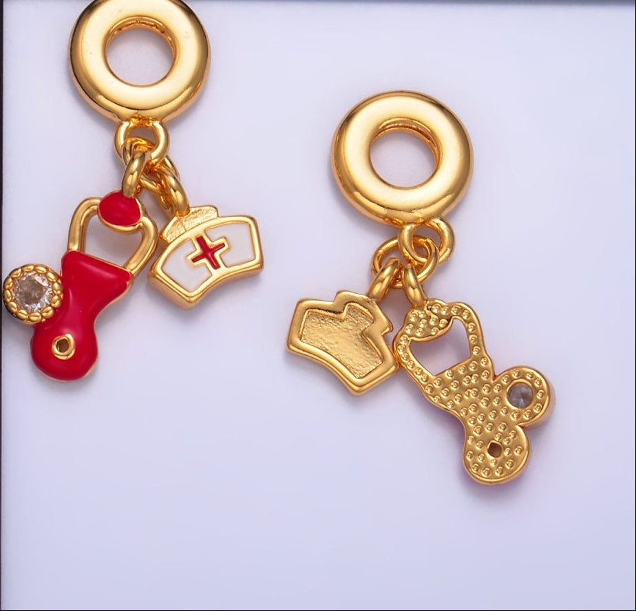 24K Gold-Filled CZ Enamel Nurse Doctor Stethoscope Rondelle Drop Pendant