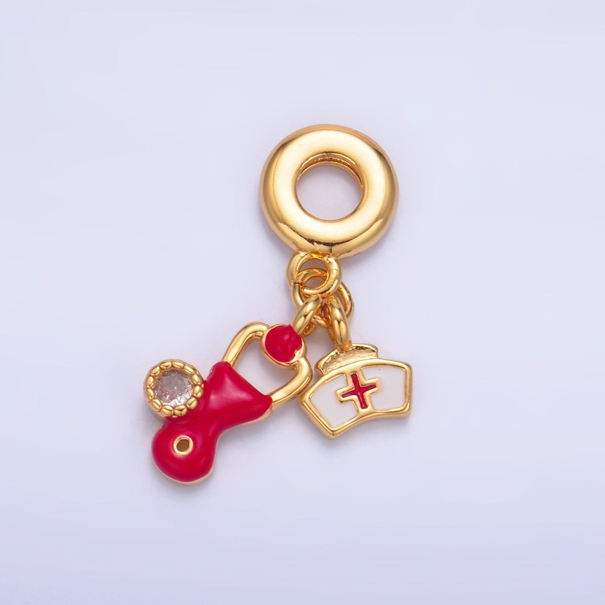 24K Gold-Filled CZ Enamel Nurse Doctor Stethoscope Rondelle Drop Pendant