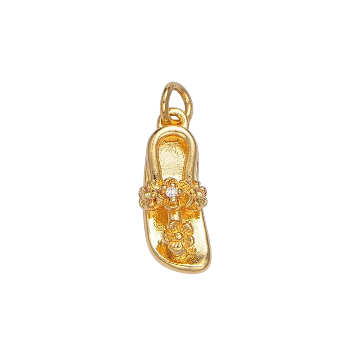 24K Gold Filled CZ Flower Slipper Flip Flops Multidimensional Dainty Charm