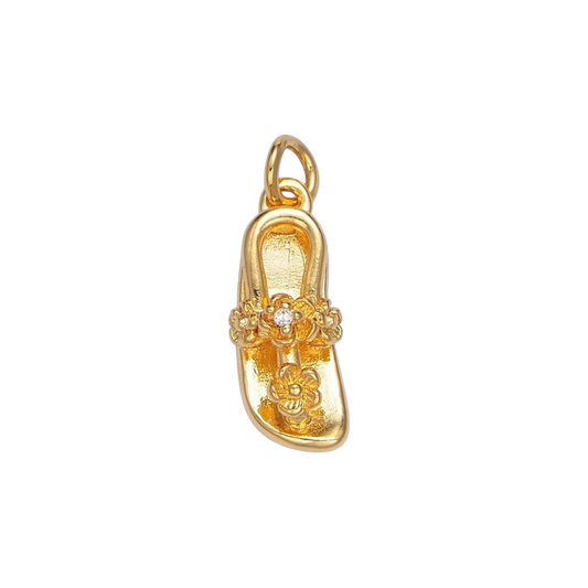 24K Gold Filled CZ Flower Slipper Flip Flops Multidimensional Dainty Charm