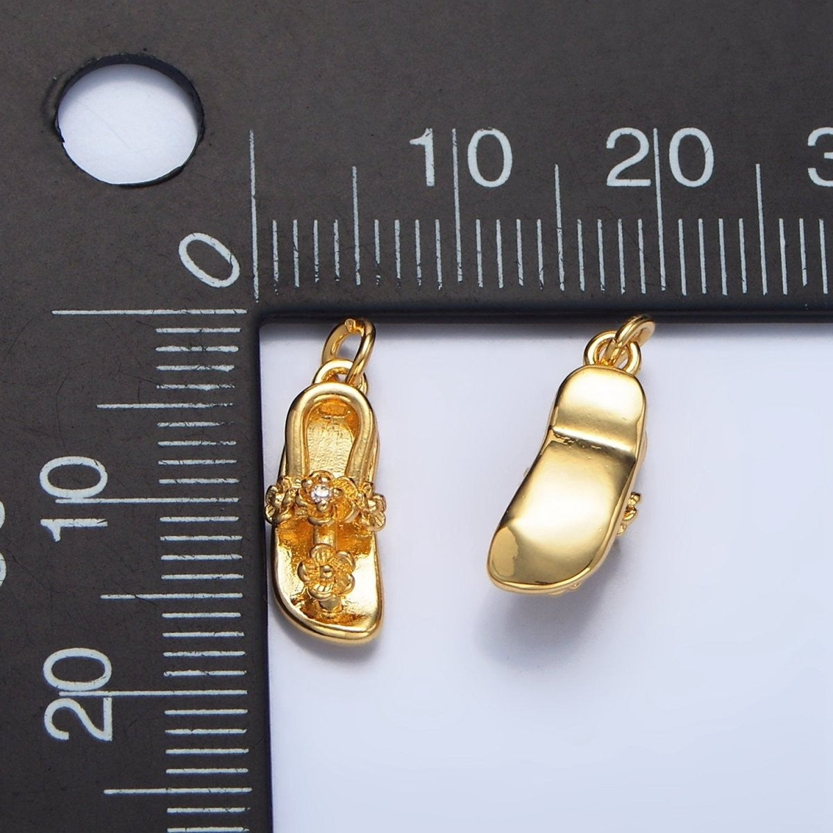 24K Gold Filled CZ Flower Slipper Flip Flops Multidimensional Dainty Charm