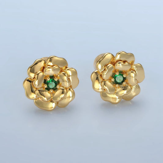 24K Gold Filled Green CZ Bud Flower Stud Earrings