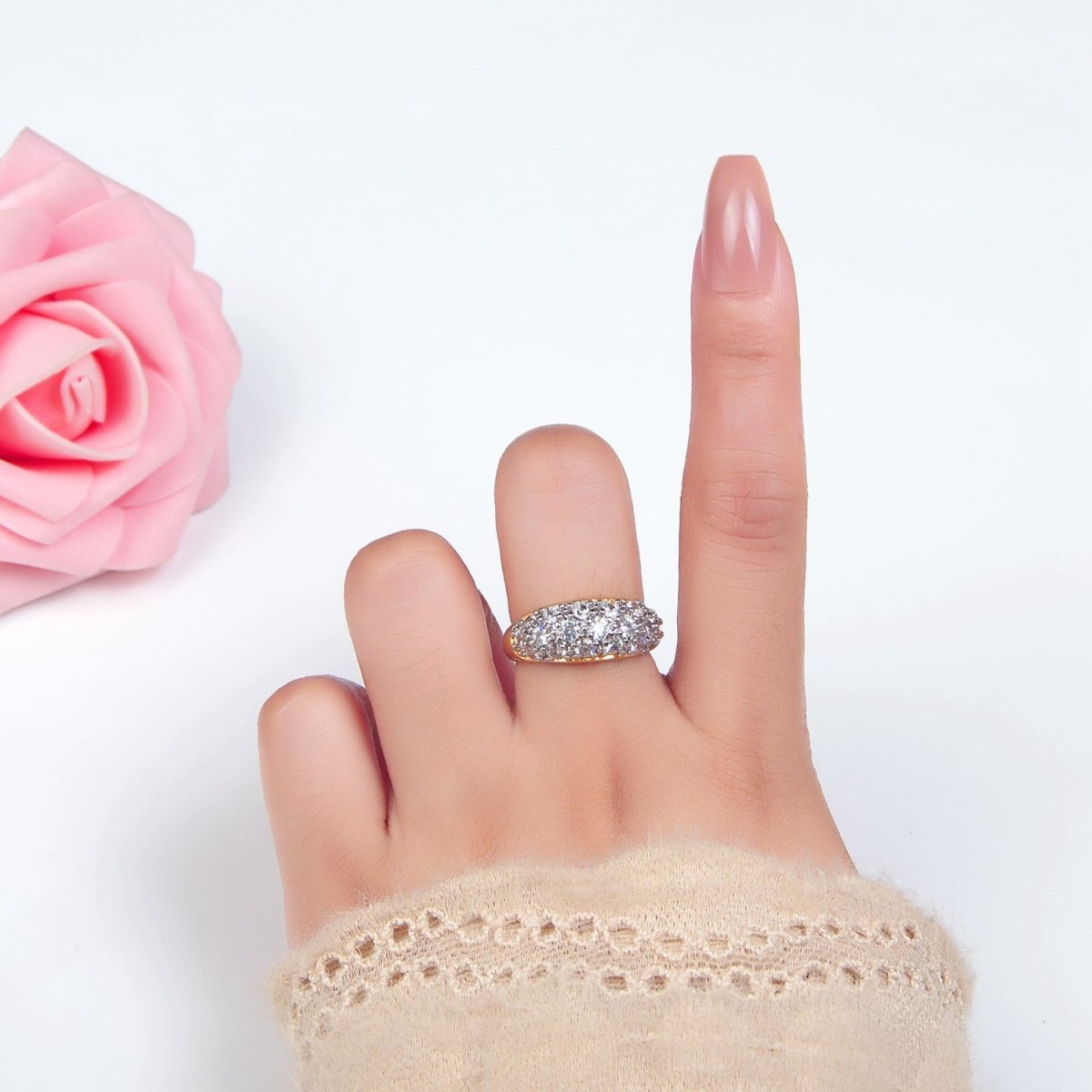 Beautiful 24K Gold-Filled CZ Micro Paved Dome Mixed Metal Adjustable Ring