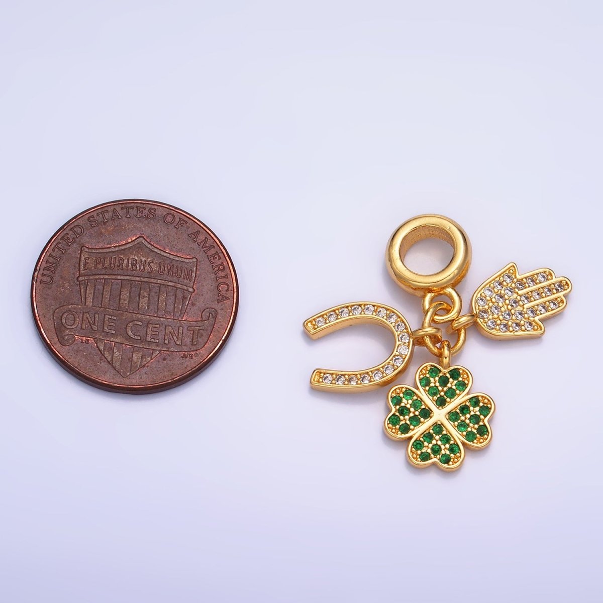 24K Gold-Filled CZ Micro Pave Horseshoe, Four Leaf Clover Hamsa Hand Rondelle Drop Lucky Pendant
