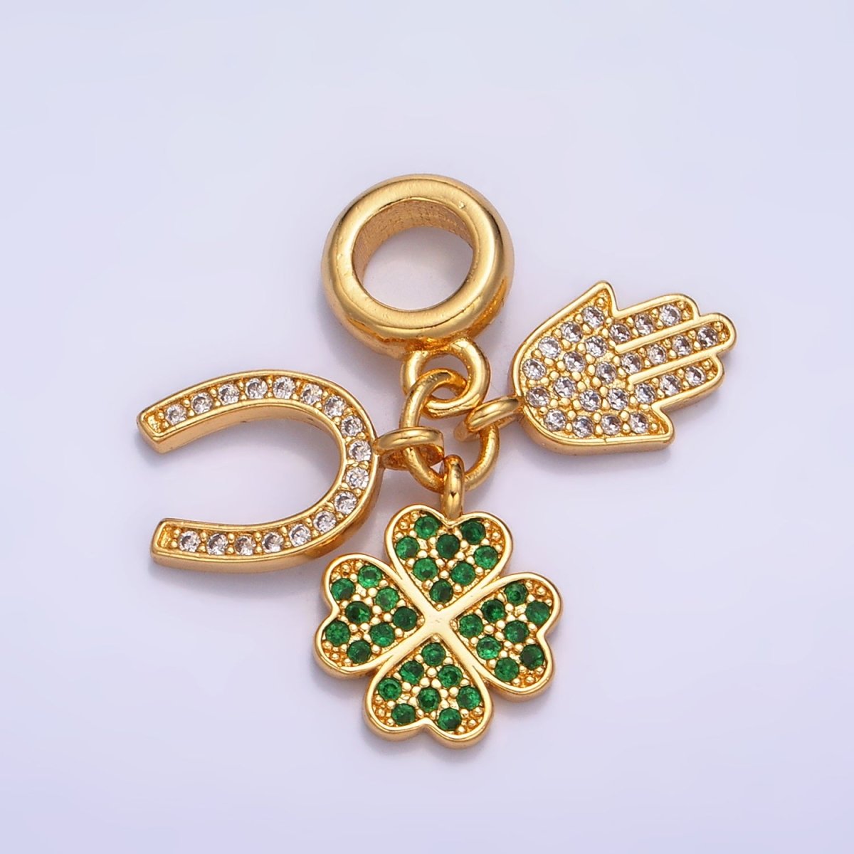 24K Gold-Filled CZ Micro Pave Horseshoe, Four Leaf Clover Hamsa Hand Rondelle Drop Lucky Pendant