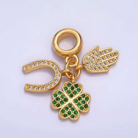 Triple Luck 24K Gold-Filled 23mm CZ Micro Pave Horseshoe Four Leaf Clover Hamsa Hand Rondelle Drop Lucky Pendant