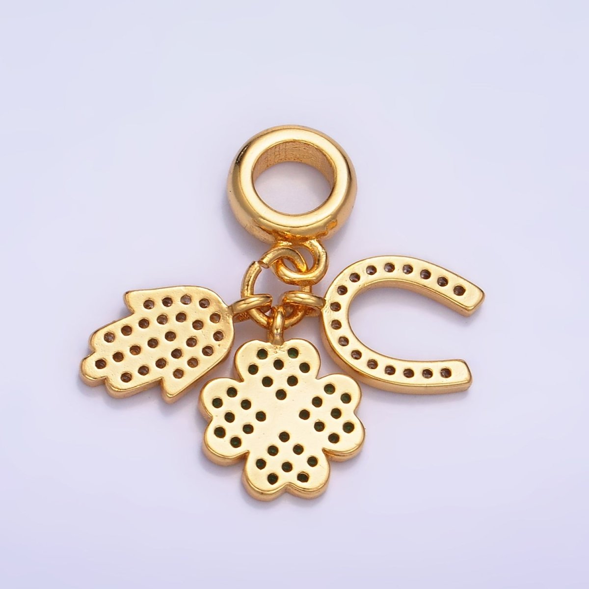 24K Gold-Filled CZ Micro Pave Horseshoe, Four Leaf Clover Hamsa Hand Rondelle Drop Lucky Pendant