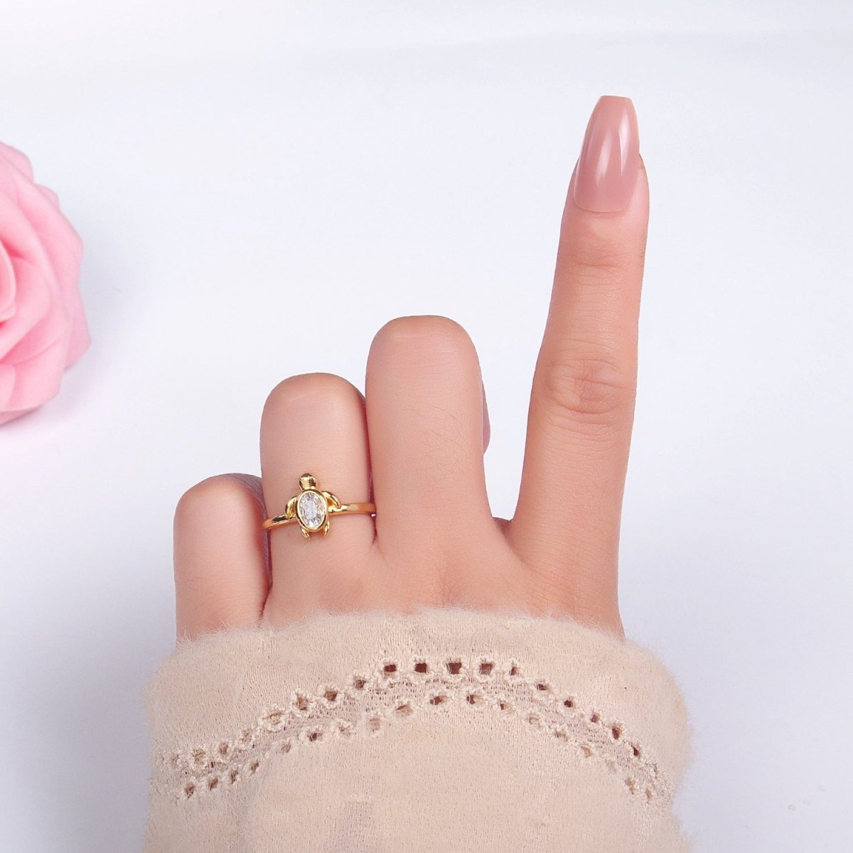 Sweet 24K Gold Filled CZ Turtle Tortoise Nautical Ocean Inspired Adjustable Ring