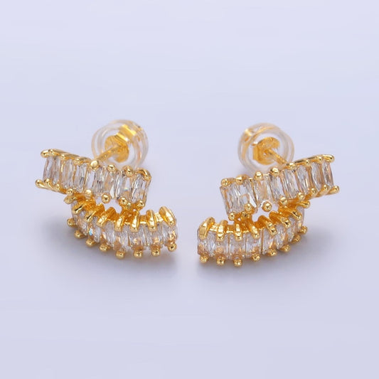 Unique 24K Gold Filled Double Baguette CZ Linear C-Shaped Hoop Earrings