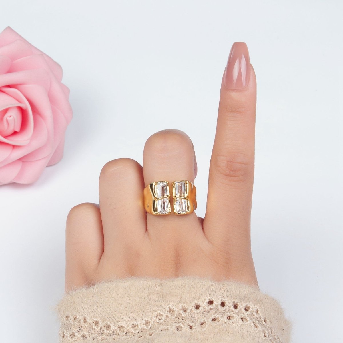 Modern 24K Gold Filled Double Baguette CZ Signet Wrap Ring