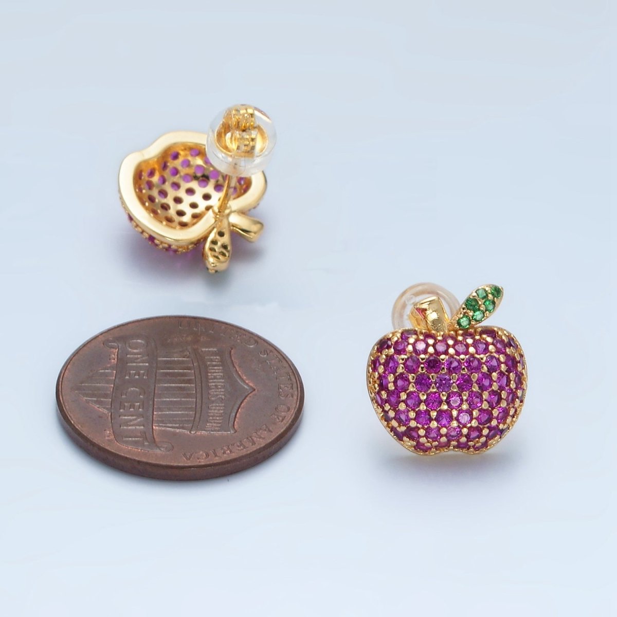 24k Gold Filled Fuchsia Micro Paved CZ Apple Fruit Stud Earrings