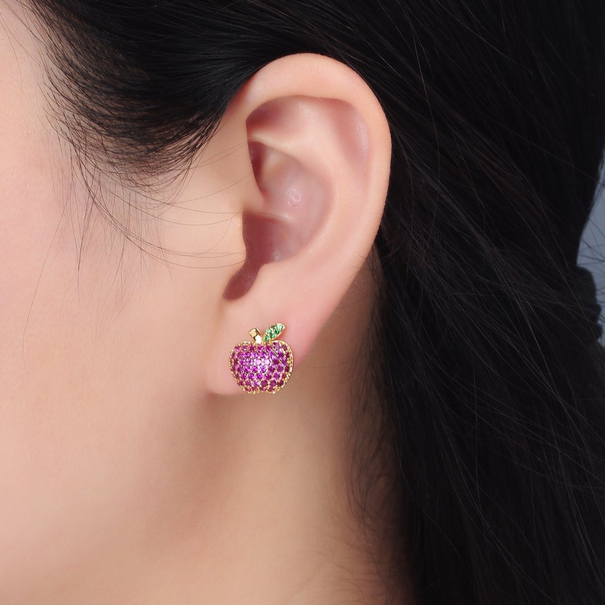24k Gold Filled Fuchsia Micro Paved CZ Apple Fruit Stud Earrings