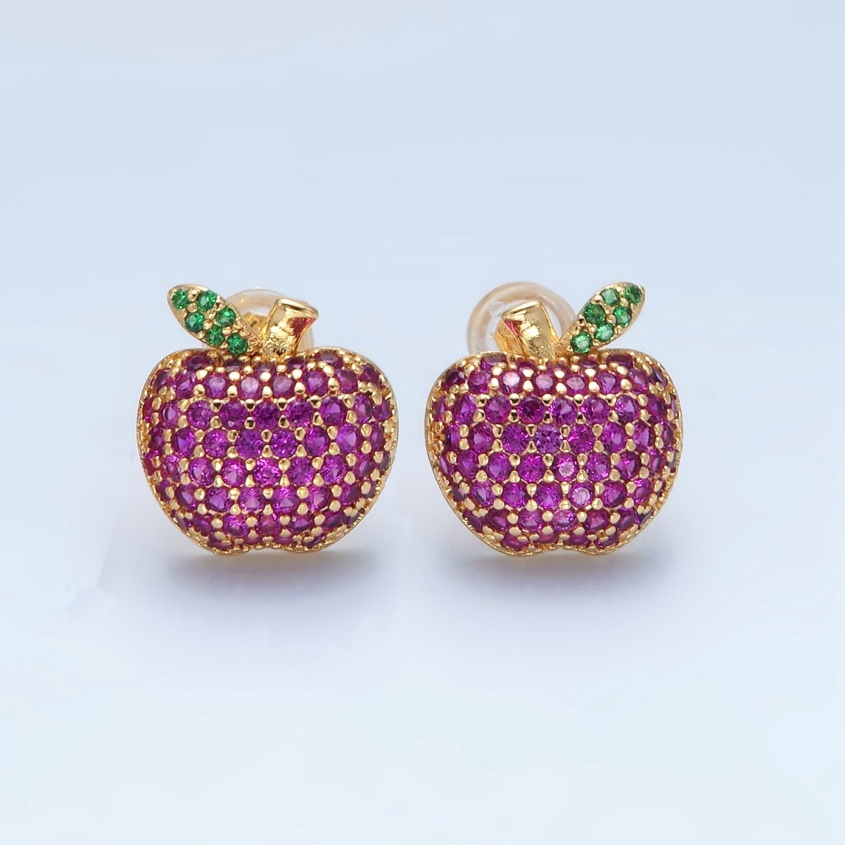 24k Gold Filled Fuchsia Micro Paved CZ Apple Fruit Stud Earrings