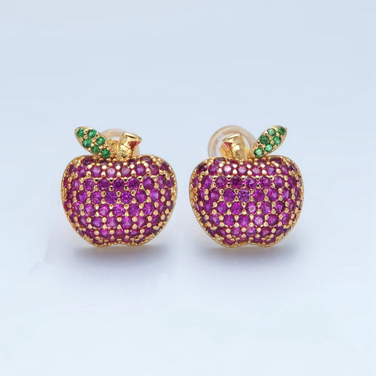 24k Gold Filled Fuchsia Micro Paved CZ Apple Fruit Stud Earrings