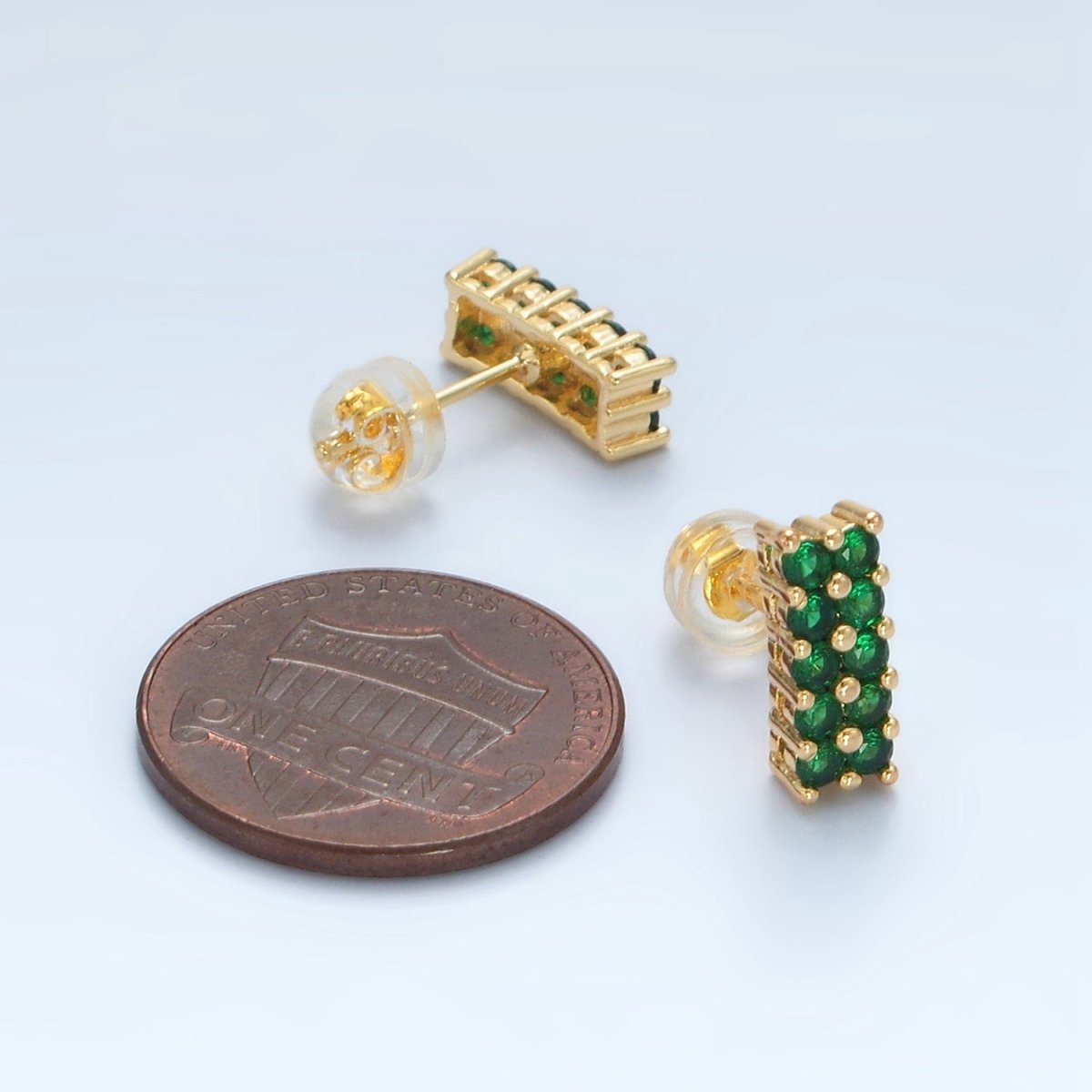 Minimalist 24K Gold-Filled Green Micro Pave CZ Double Bar Stud Earrings