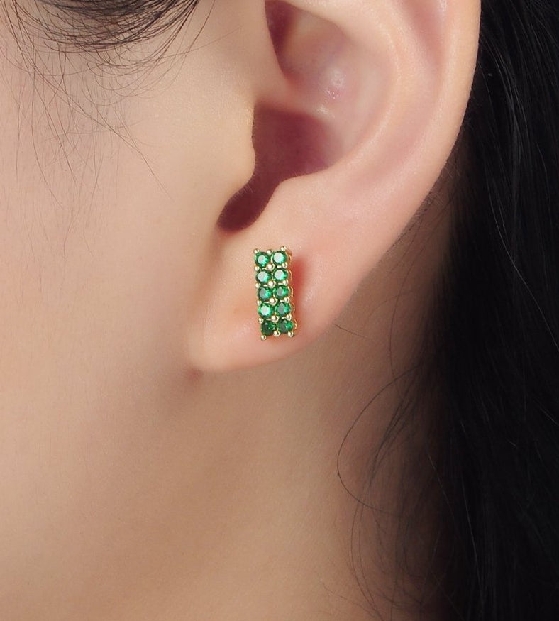 Minimalist 24K Gold-Filled Green Micro Pave CZ Double Bar Stud Earrings
