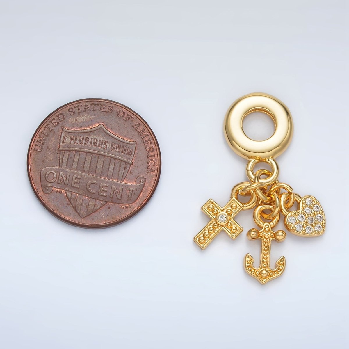 Dainty 24K Gold Filled 12mm Heart Anchor Cross Micro Pave Triple Drop Rondelle Bail Pendant