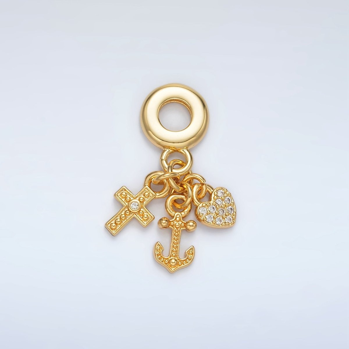Dainty 24K Gold Filled 12mm Heart Anchor Cross Micro Pave Triple Drop Rondelle Bail Pendant