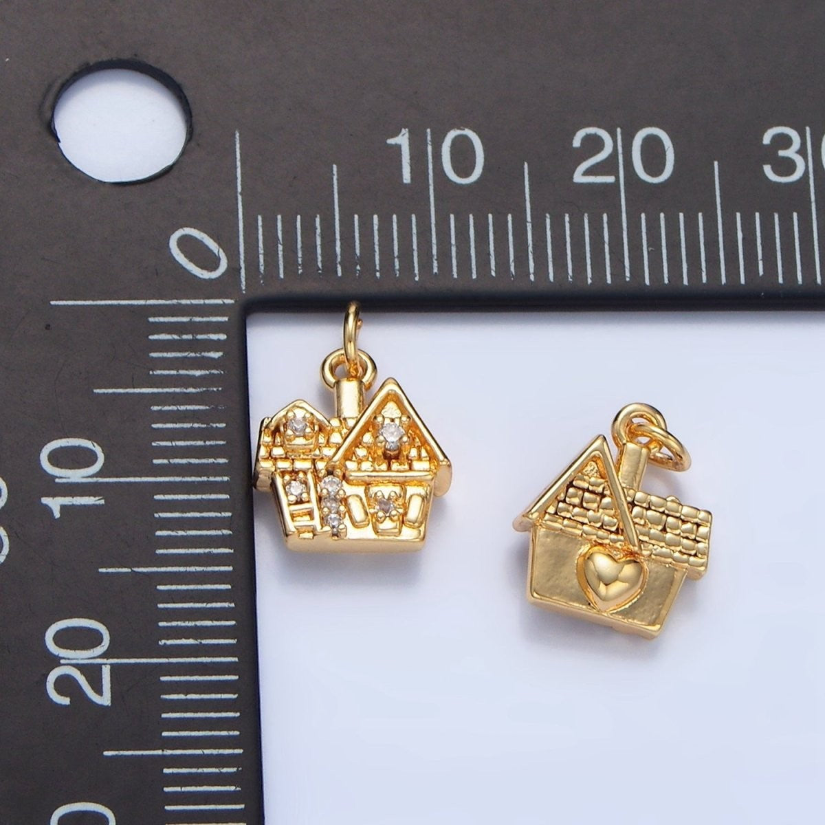 24K Gold Filled Heart CZ House Home Mini Double Sided Multidimensional Charm