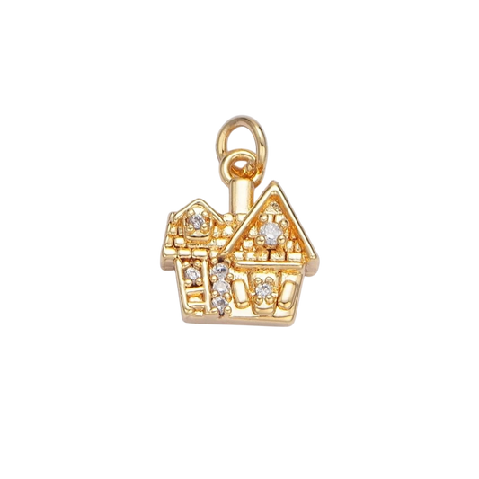 24K Gold Filled Heart CZ House Home Mini Double Sided Multidimensional Charm