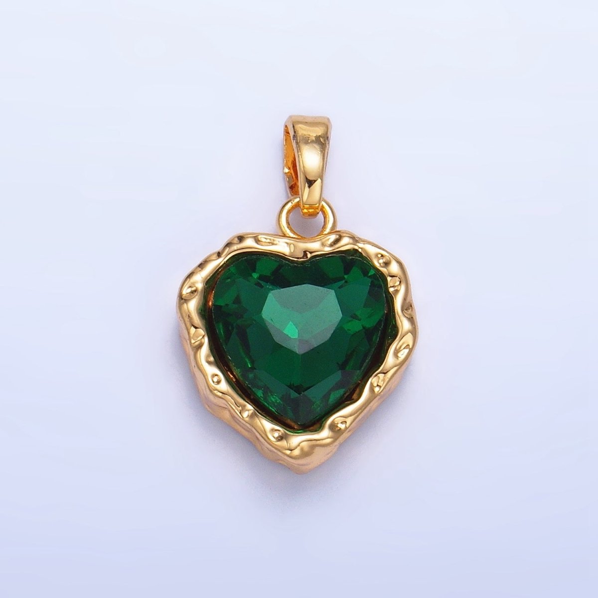 24K Gold Filled 16.6mm Heart Green CZ Molten Hammered Bezel Pendant