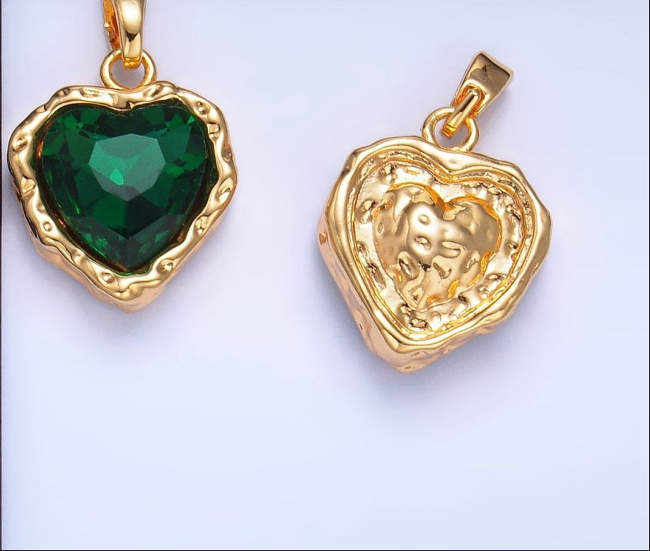 24K Gold Filled 16.6mm Heart Green CZ Molten Hammered Bezel Pendant