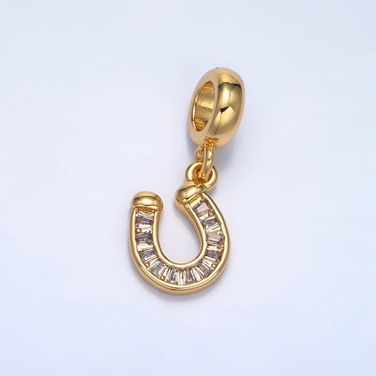 Sweet 24K Gold-Filled 13mm Good Luck Horseshoe Clear Baguette CZ Rondelle Bail Drop Pendant