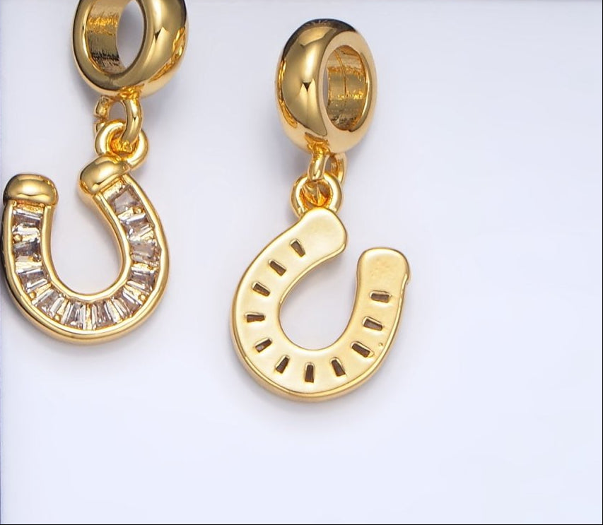 Sweet 24K Gold-Filled 13mm Good Luck Horseshoe Clear Baguette CZ Rondelle Bail Drop Pendant