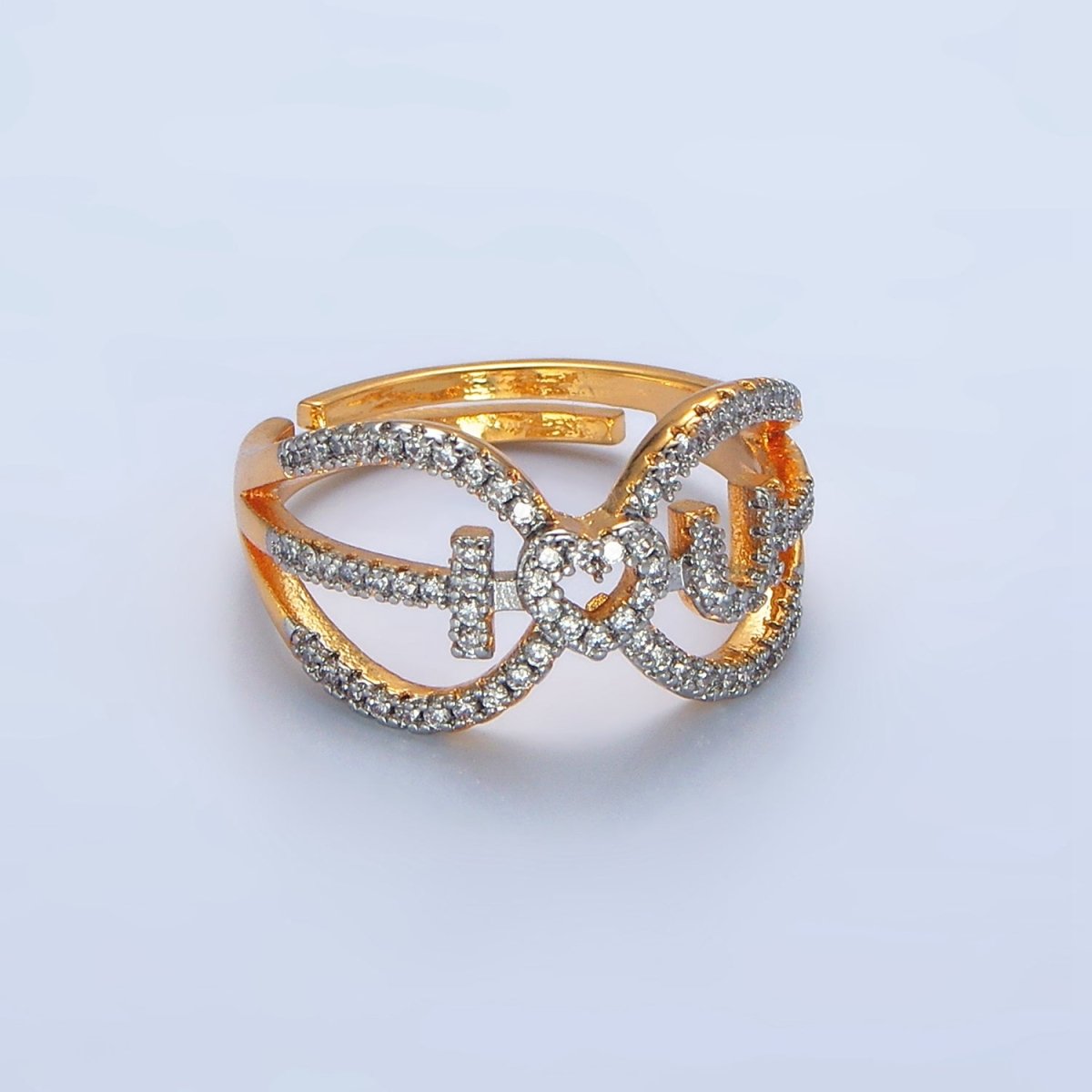 24K Gold Filled "I Love You" Micro Pave CZ Mixed Metal Open Ring