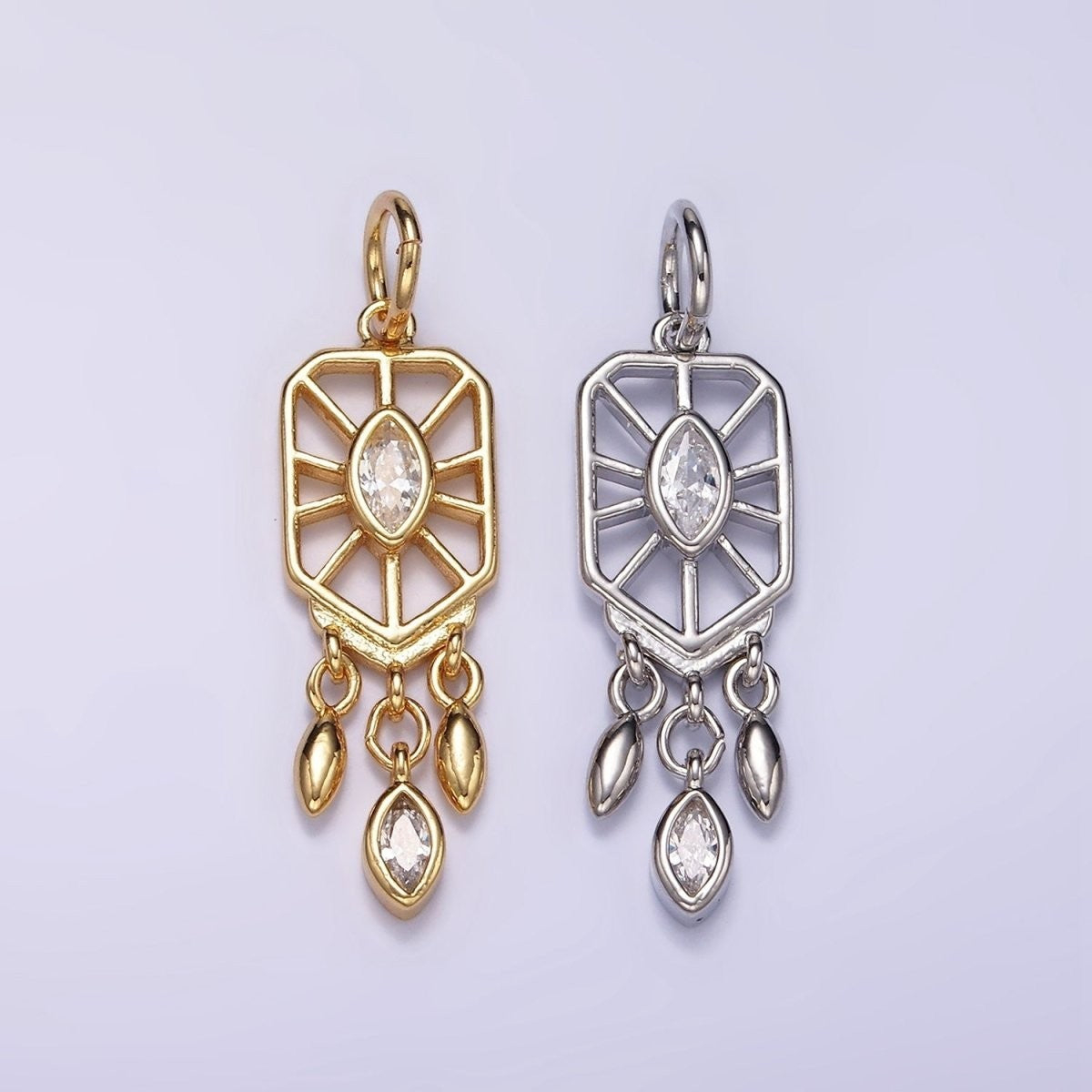 Larger 24K Gold-Filled 30mm Marquise CZ Triple Sphere Drop Dream Catcher Charm in Gold or Silver