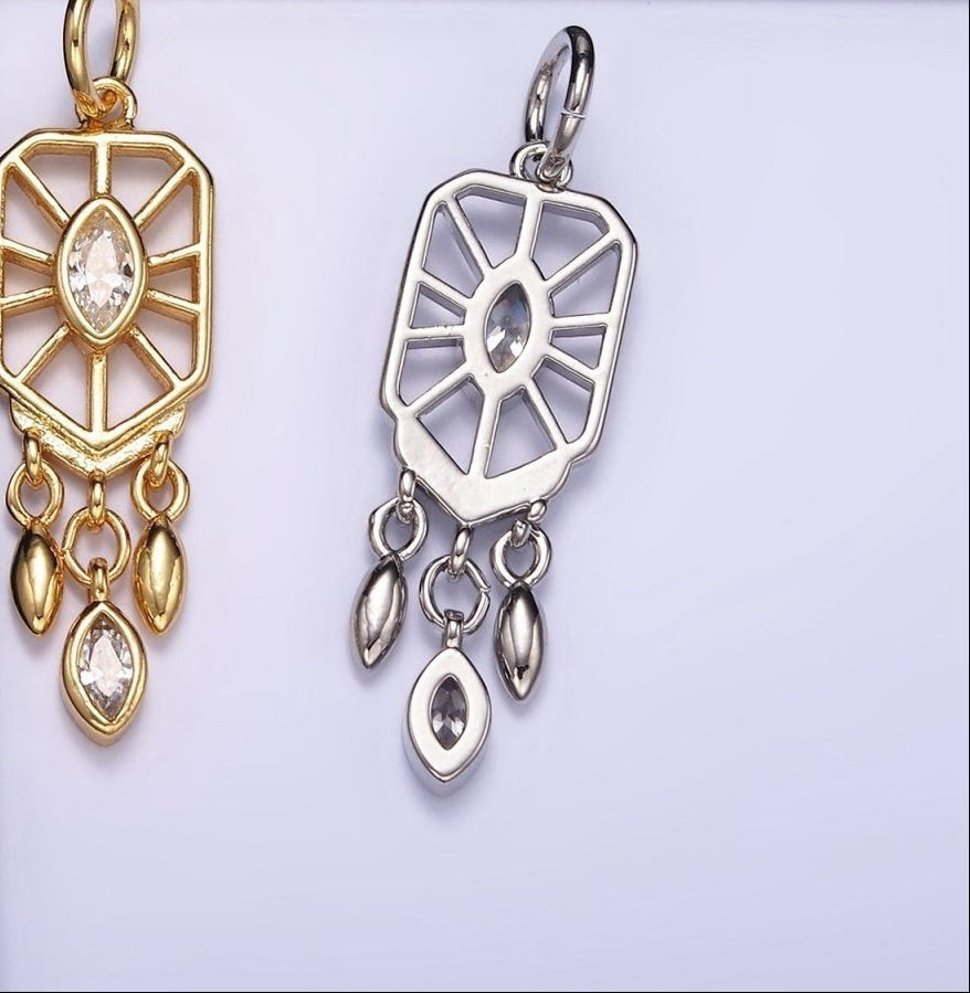 Larger 24K Gold-Filled 30mm Marquise CZ Triple Sphere Drop Dream Catcher Charm in Gold or Silver