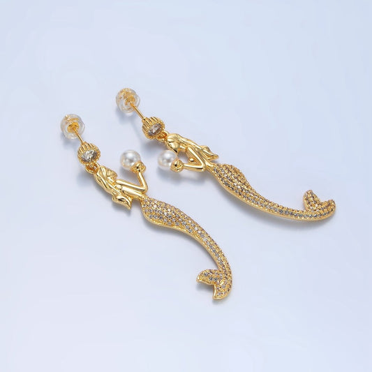 24K Gold Filled Mermaid Shell Pearl Micro Paved CZ Drop Stud Earrings