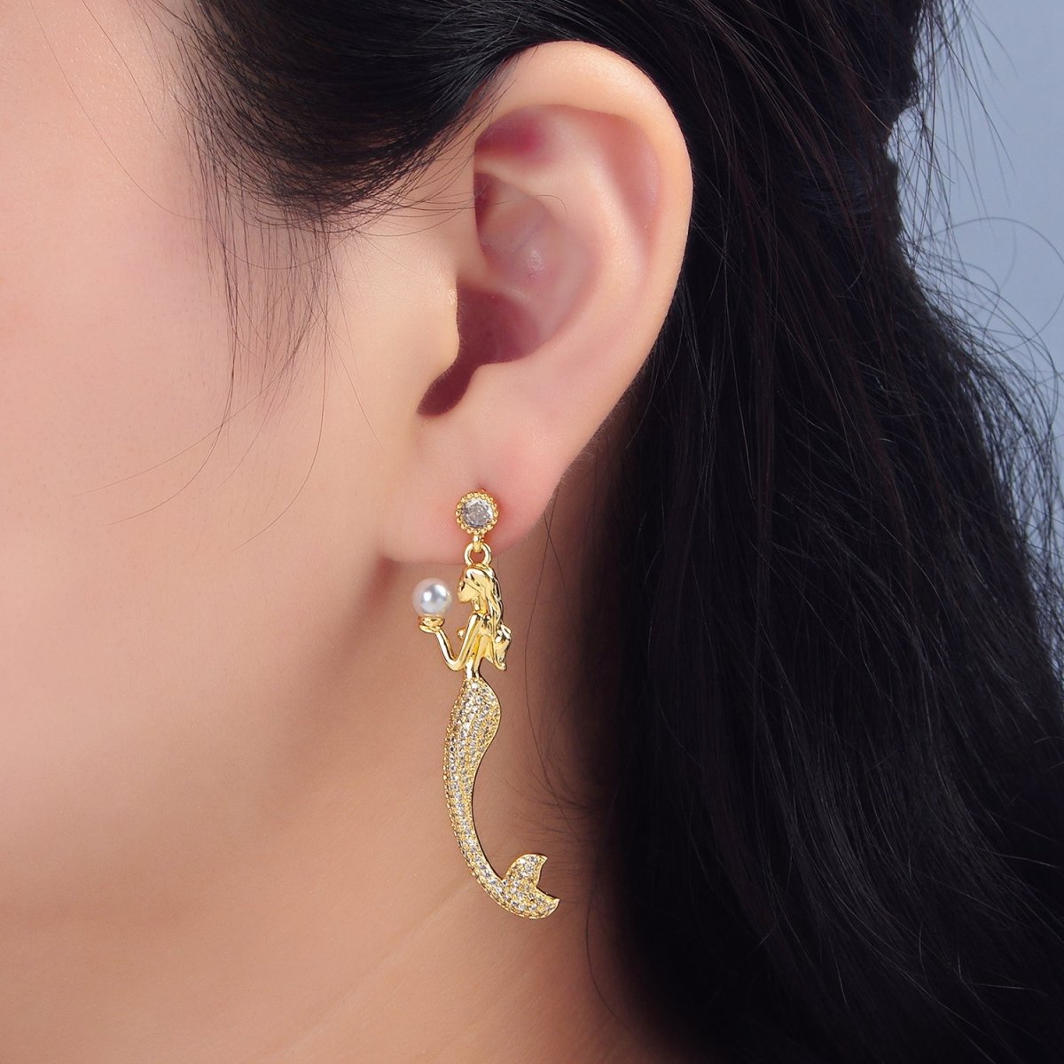 24K Gold Filled Mermaid Shell Pearl Micro Paved CZ Drop Stud Earrings