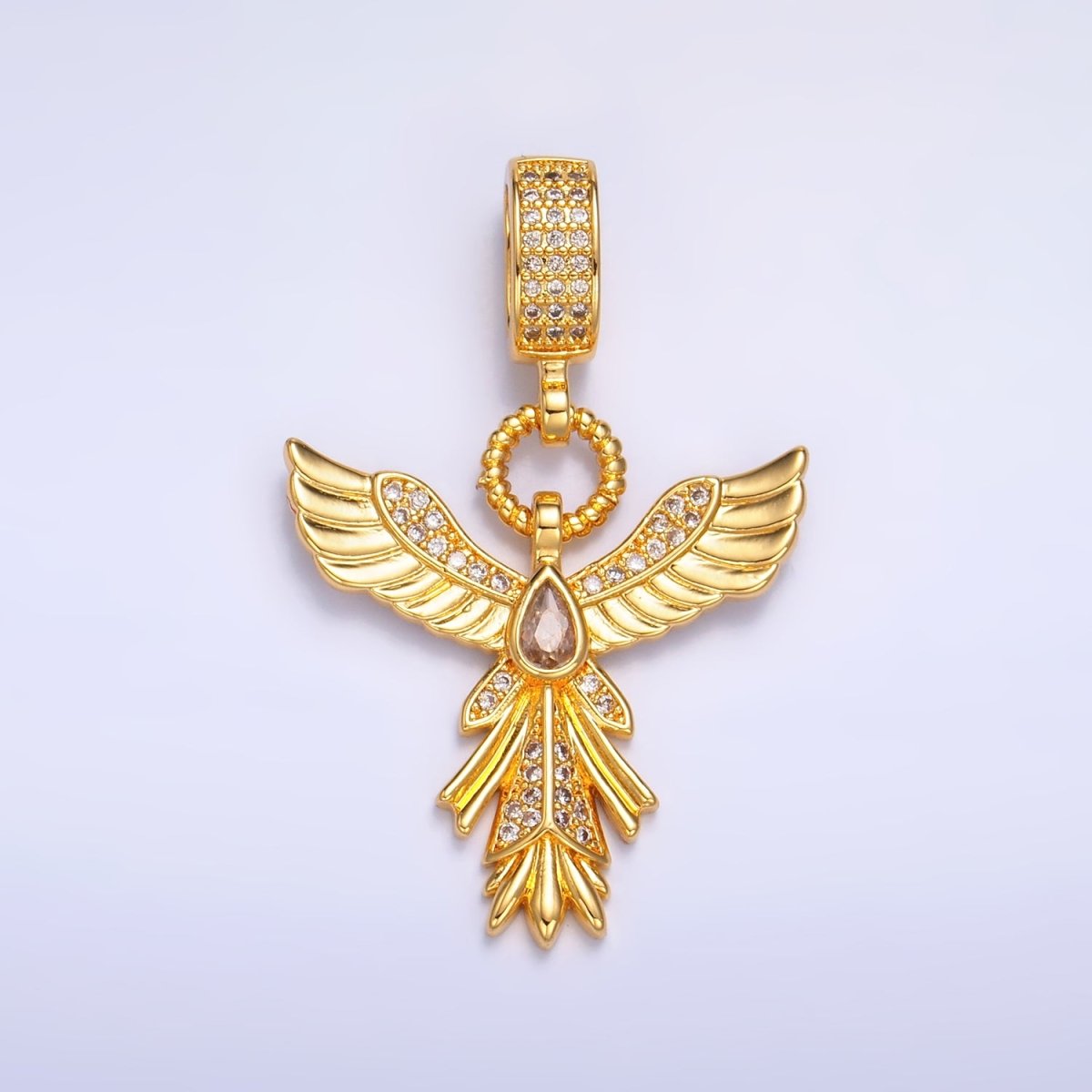 24K Gold-Filled 27.3mm Micro Pave CZ Angel Feather Drop Bail Pendant